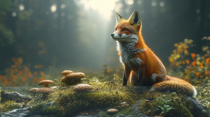 Forest Fox Sits Amidst Mushrooms, Misty Dawn