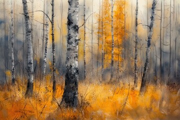 Golden Autumn Birch Forest Watercolor Painting.