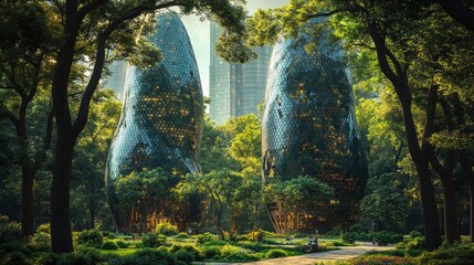 Modern architecture nestled in park, city skyline in background