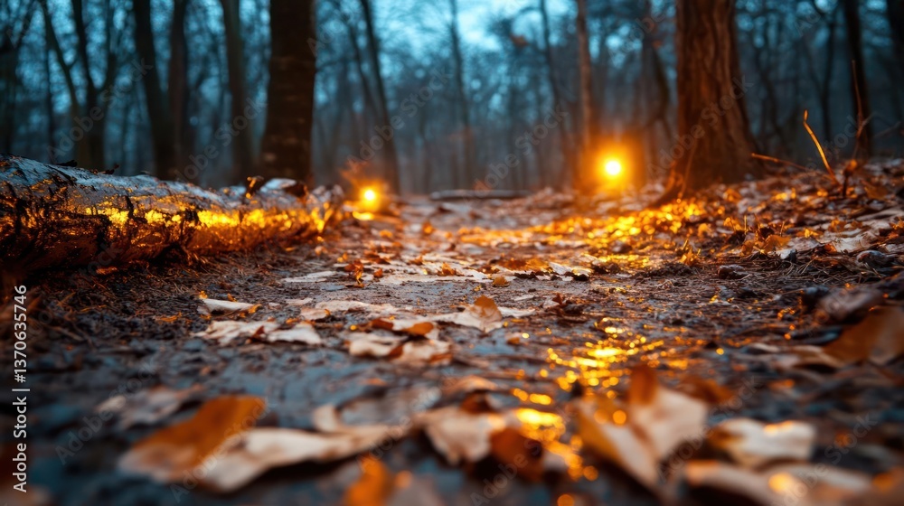 Poster Low angle view of pathway through moody forest with fallen leaves and two illuminated orbs