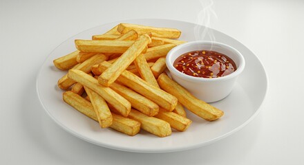 french fries with clear white background with sauce in the beside with white plate