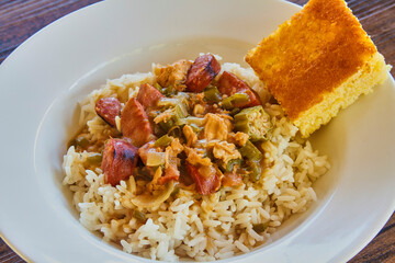 chicken and sausage gumbo with onion, okra, and tomato