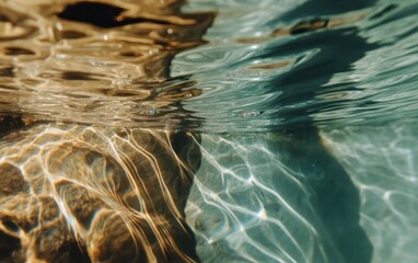 Abstract underwater image of shimmering water with golden and teal hues. Light plays on the surface creating patterns and textures. The photograph is taken from an underwater perspective, showing the