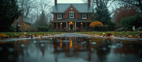 Obraz premium Rainy Autumn Day, Suburban Home, Reflections in Puddle