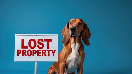 A lost beagle dog sitting beside a prominent sign indicating lost property on a blue background, evoking a sense of concern and hope