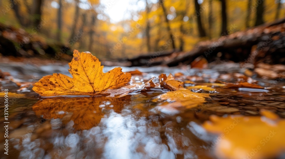 Poster autumnal river scene with a close-up of vibrant yellow leaves floating on the water reflecting the g