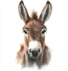 Fototapeta premium Close-up, front-facing watercolor illustration of a donkey's head.