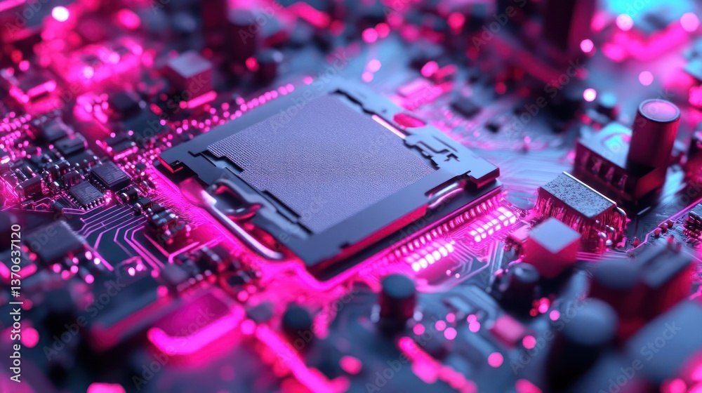 Poster close up view of a glowing computer chip with neon pink and blue lighting over a black background, s