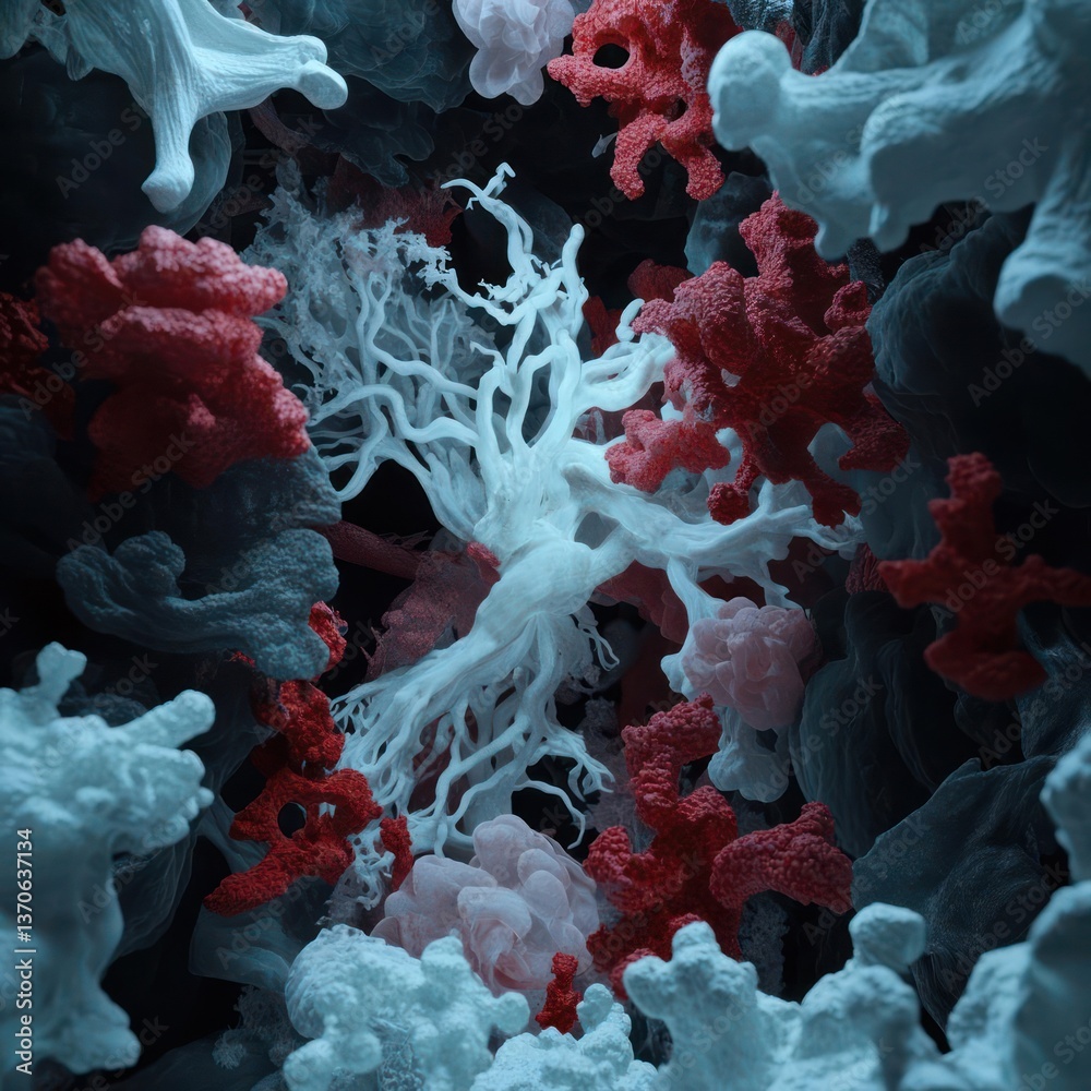 Fototapete An artistic macro view featuring intricate coral-like formations in red and white hues set against a dark, textured background