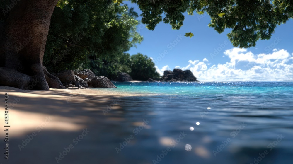 Aufkleber shallow water beach scene with turquoise water and sunlit sand. lush green trees frame the backgroun