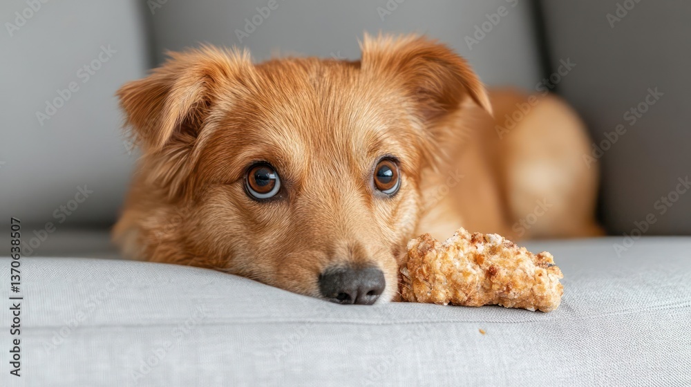 Poster adorable brown dog with captivating eyes lying on gray sofa holding a snack in cozy indoor setting. 