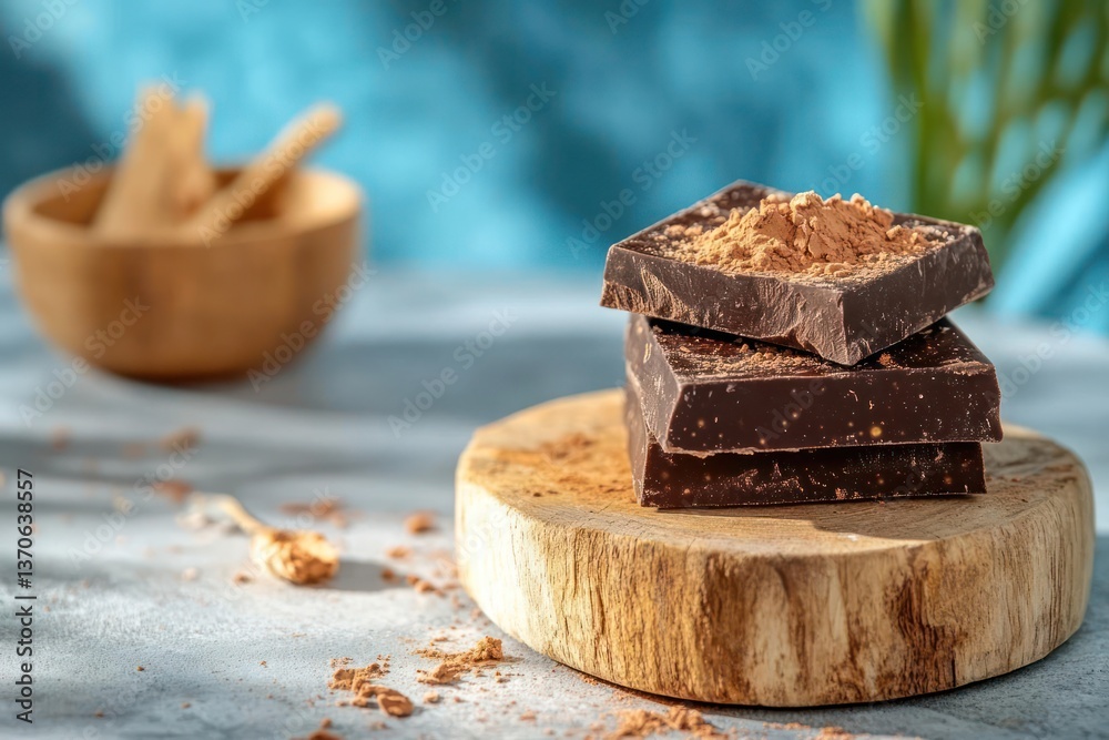 Poster stack of dark chocolate squares with cocoa powder on wooden board with wooden utensils in the backgr