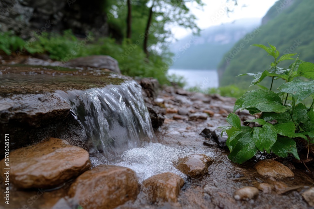 Poster small waterfall flowing over brown rocks into a stream with blurred background of a lake and mountai