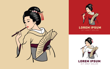 beuaty woman with kimono smoking cartoon icon logo illustration