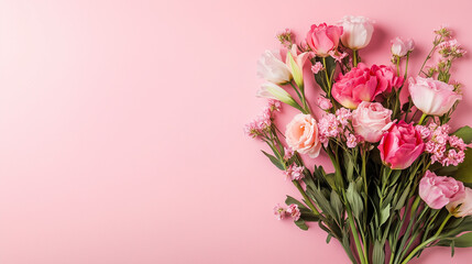 Naklejka premium ピンクの背景に並ぶカーネーションや花々とつぼみ