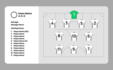 Football White Team 433 Formation Starting Lineup Template Vector For Football Match With White Shirt Jersey and Field
