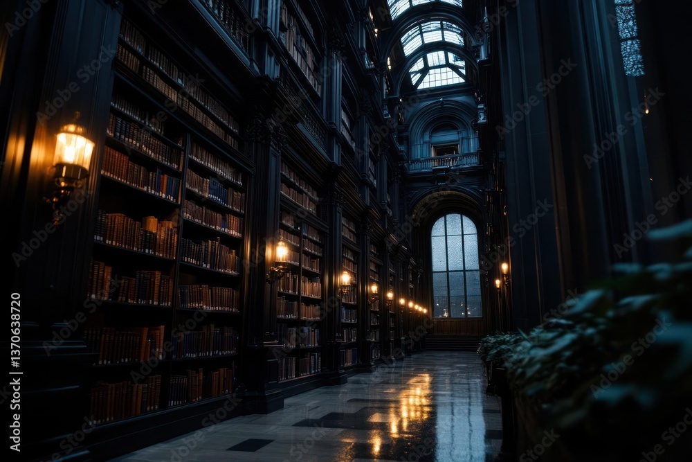 Poster dark moody library interior with vintage books on shelves warm lighting along the aisles and a large