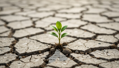 A lonely green plant thrives amidst cracked, dry earth, symbolizing nature's resilience and the fight against climate change. 