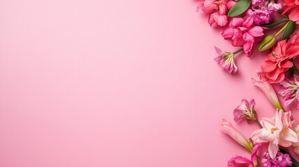 Fototapeta premium ピンクの背景に並ぶカーネーションや花々とつぼみ