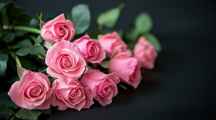 Obraz premium Bouquet of pink roses on a black background.
