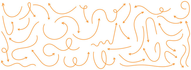 Hand drawn freehand different orange curved lines, swirls arrows. Doodle marker drawing, orange chalk smears. Direction pointers. 