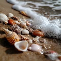 Colorful seashells scattered along the sandy beach edge during a sunny day by the ocean