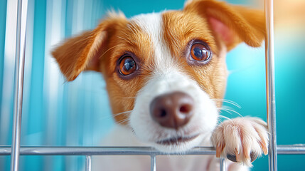 A small brown and white puppy peer through the bars of a cage in an animal shelter. Its expressive eyes reflect hope as it awaits adoption. The background features vibrant colors