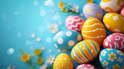 Obraz premium Colorful Easter Eggs on Blue Background with Flowers and Bubbles
