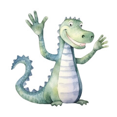 crocodile waving hand cute watercolors illustration on white background