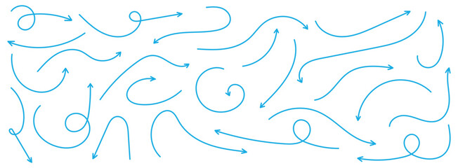 Naklejka premium Set of simple lines hand drawn blue arrows in various style. Set of simple of hand drawn blue arrows. Set of simple lines hand drawn blue arrows. Various of simple lines arrows collection.