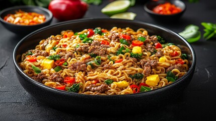 Spicy Beef Noodle Dish on Dark Plate