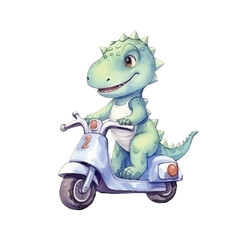 dino riding scooter cute watercolors illustration on white background