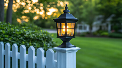 beautifully designed outdoor lantern illuminates serene garden setting, casting warm glow against backdrop of lush greenery and white picket fence, evoking peaceful evening ambiance
