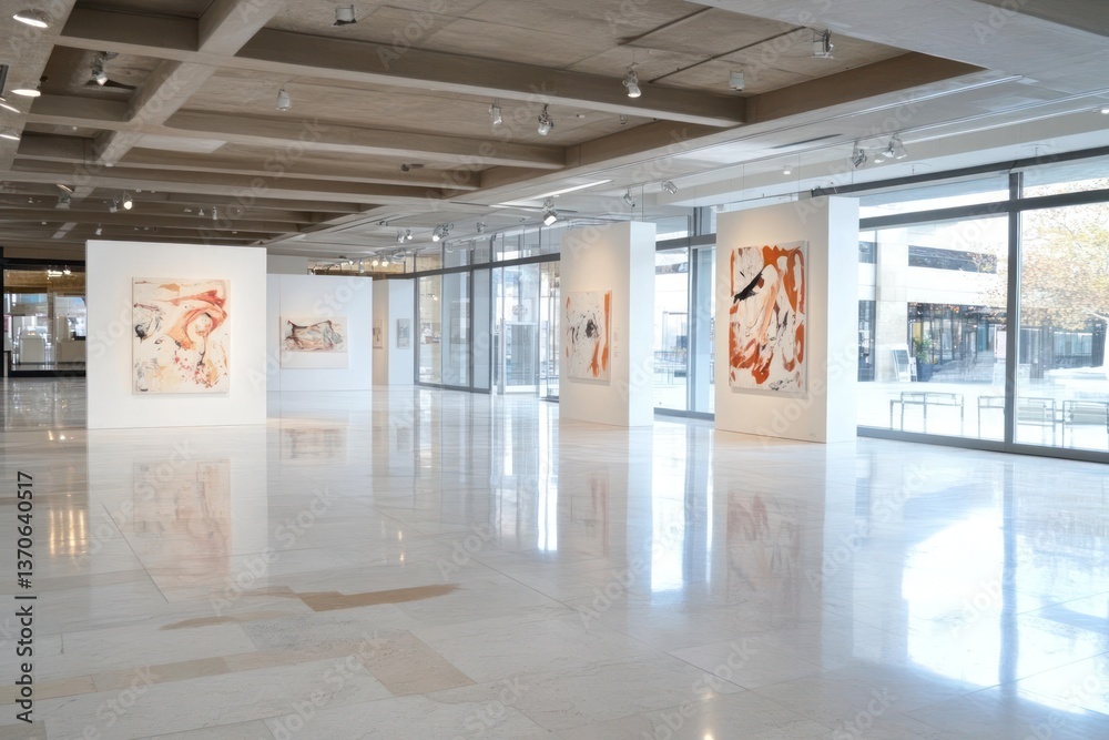 Poster Modern art gallery interior with abstract paintings on display polished floor and large windows showing outside view
