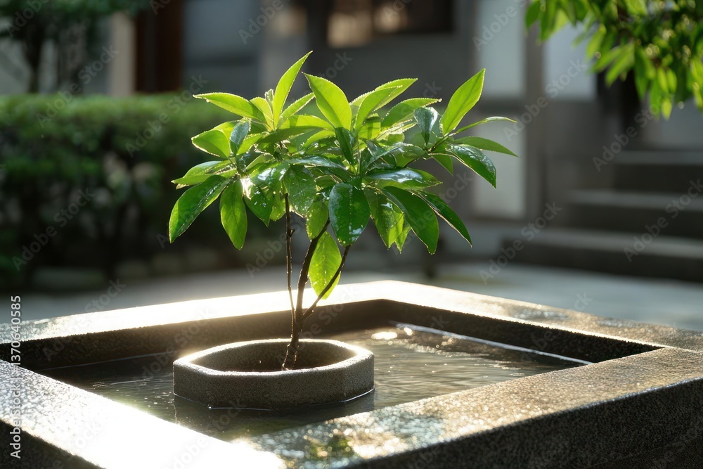 Aufkleber a small green plant in a decorative water feature with sunlight casting shadows on the stone structu