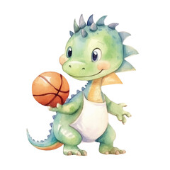 dinosaur playing basketball cute watercolors illustration on white background
