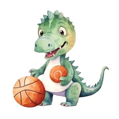 dinosaur playing basketball cute watercolors illustration on white background