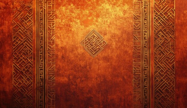 Ancient, golden, intricate textural design on a warm, burnt orange background
