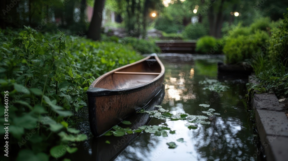 Poster wooden canoe floating in a tranquil waterway surrounded by lush greenery with soft bokeh lights in t