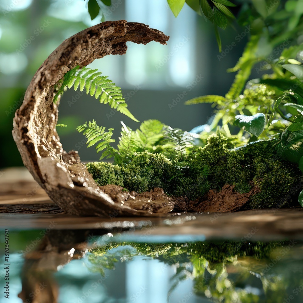 Poster close-up of a wooden decorative planter featuring vibrant green ferns and moss with a reflection in 