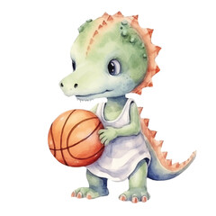 dinosaur playing basketball cute watercolors illustration on white background