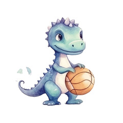 dinosaur playing basketball cute watercolors illustration on white background
