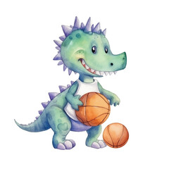 dinosaur playing basketball cute watercolors illustration on white background