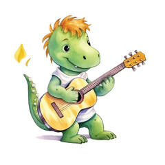 dinosaur playing guitar cute watercolors illustration on white background