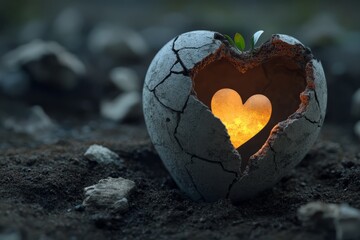 Cracked Heart Sculpture with Glowing Heart Shape Illuminated by Warm Light in Nature