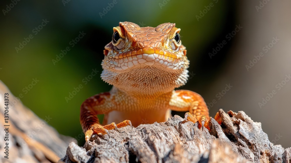 Poster Close up of a small reptile on a weathered wooden surface with green blurred background and direct natural lighting