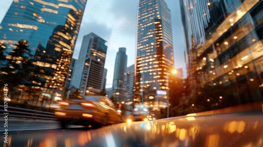 Poster blurred city scene at dusk with illuminated skyscrapers and moving cars reflecting on a wet street. 
