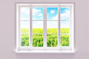 Fototapeta premium White-framed window overlooking green field with blue sky.