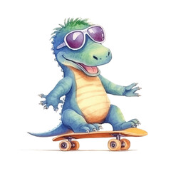 dinosaur playing skateboard cute watercolors illustration on white background