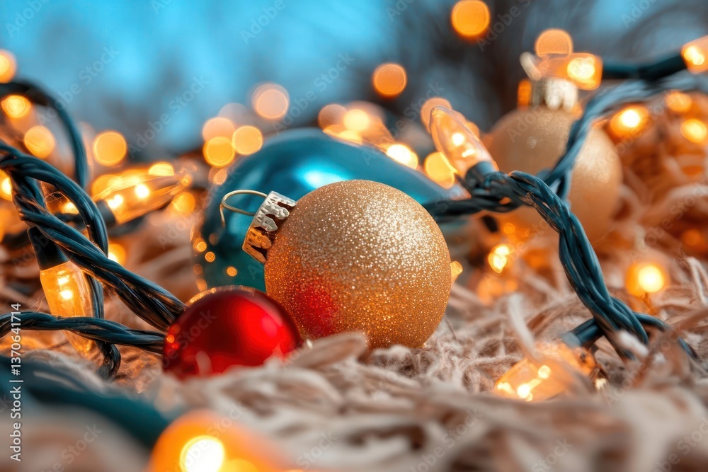 Aufkleber festive christmas ornaments with string lights and knitted fabric creating warm holiday ambiance mac